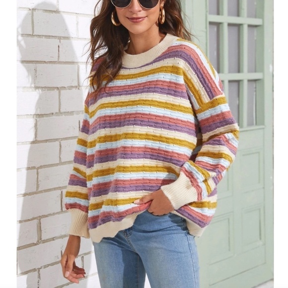 SHEIN Striped Pattern Scallop Hem Drop Shoulder Sweater - Picture 5 of 6